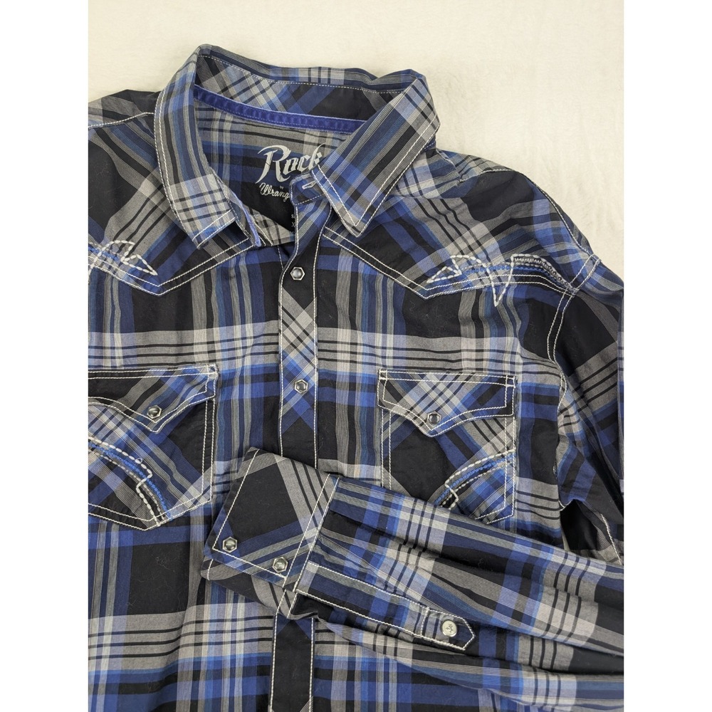 Wrangler Rock 47 Pearl Snap Western Shirt Mens XL Blue Embroidered Cowboy Rodeo